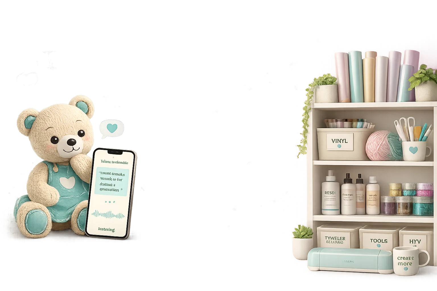 A Knimblo teddy bear holding a phone with voice input, beside neatly organized shelves of craft vinyl, yarn, tools, and supplies.