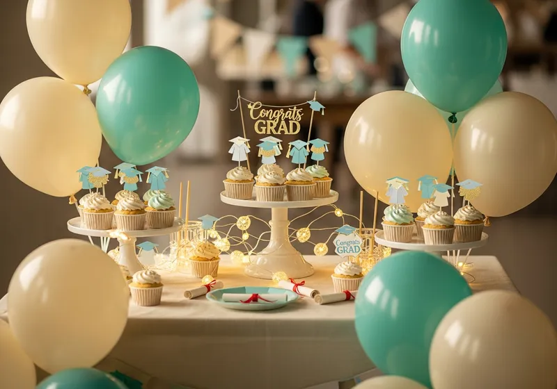 Graduation celebration dessert table with teal and cream balloons